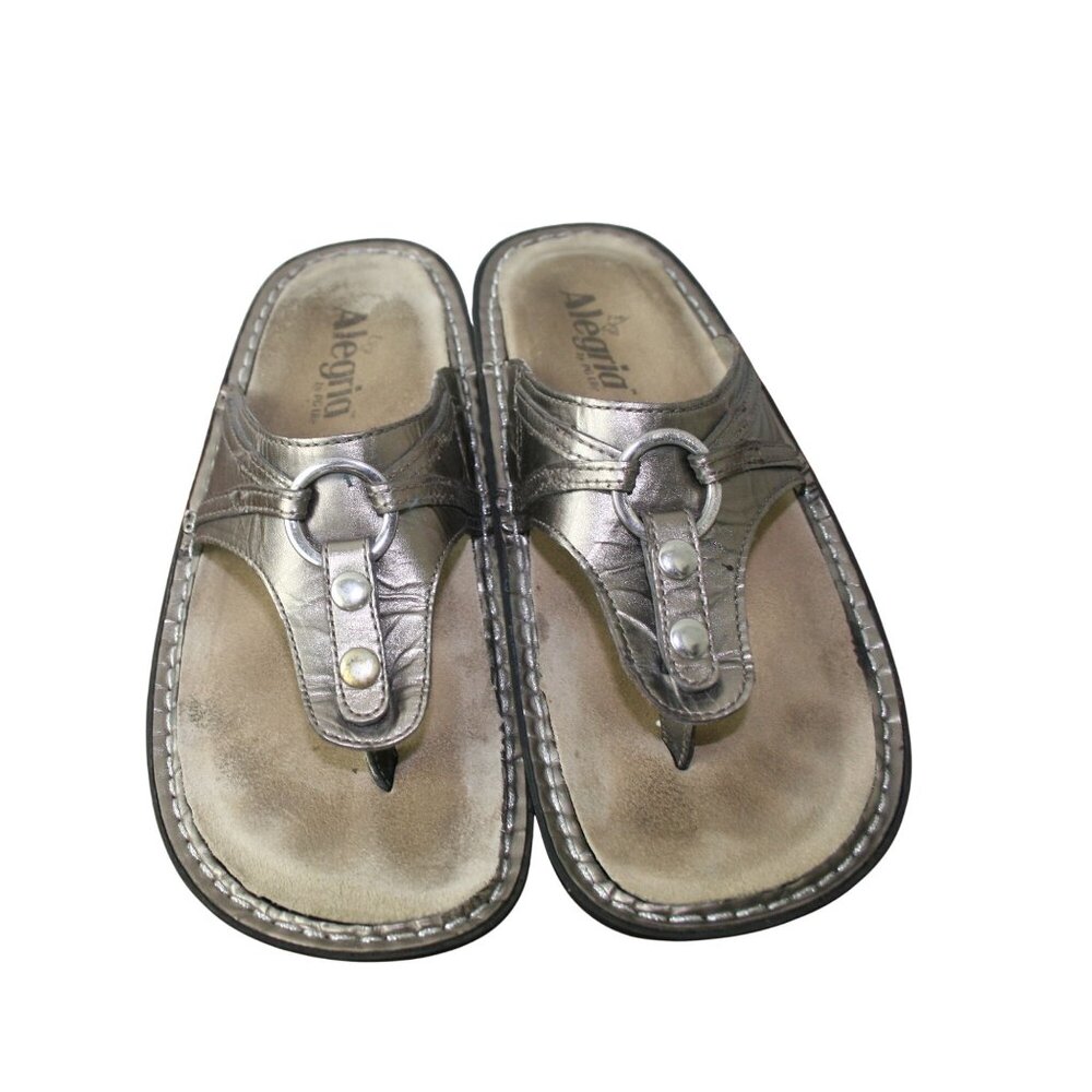 Alegria Womens Metallic Leather Thong Sandals With Orthopedic Black Platform
